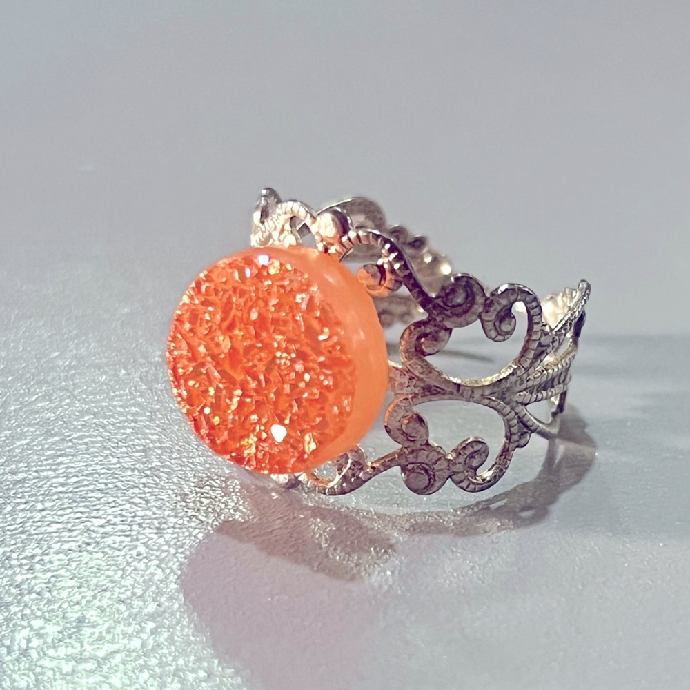Quartz Druzy Orange Sherbet Filigree Fashion Ring